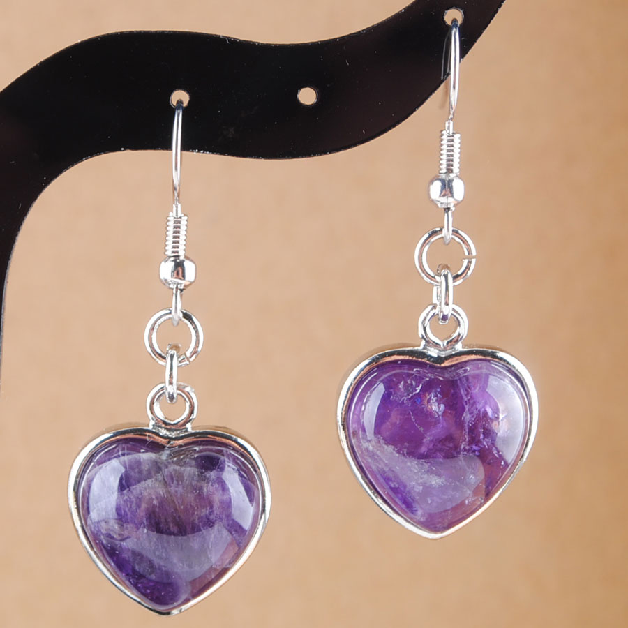 WOJIAER Natural Amethyst Stones Dangle Earrings Love Heart Shape Bead Pendant Drop Earring Wedding Jewelry for Women Girls R3186