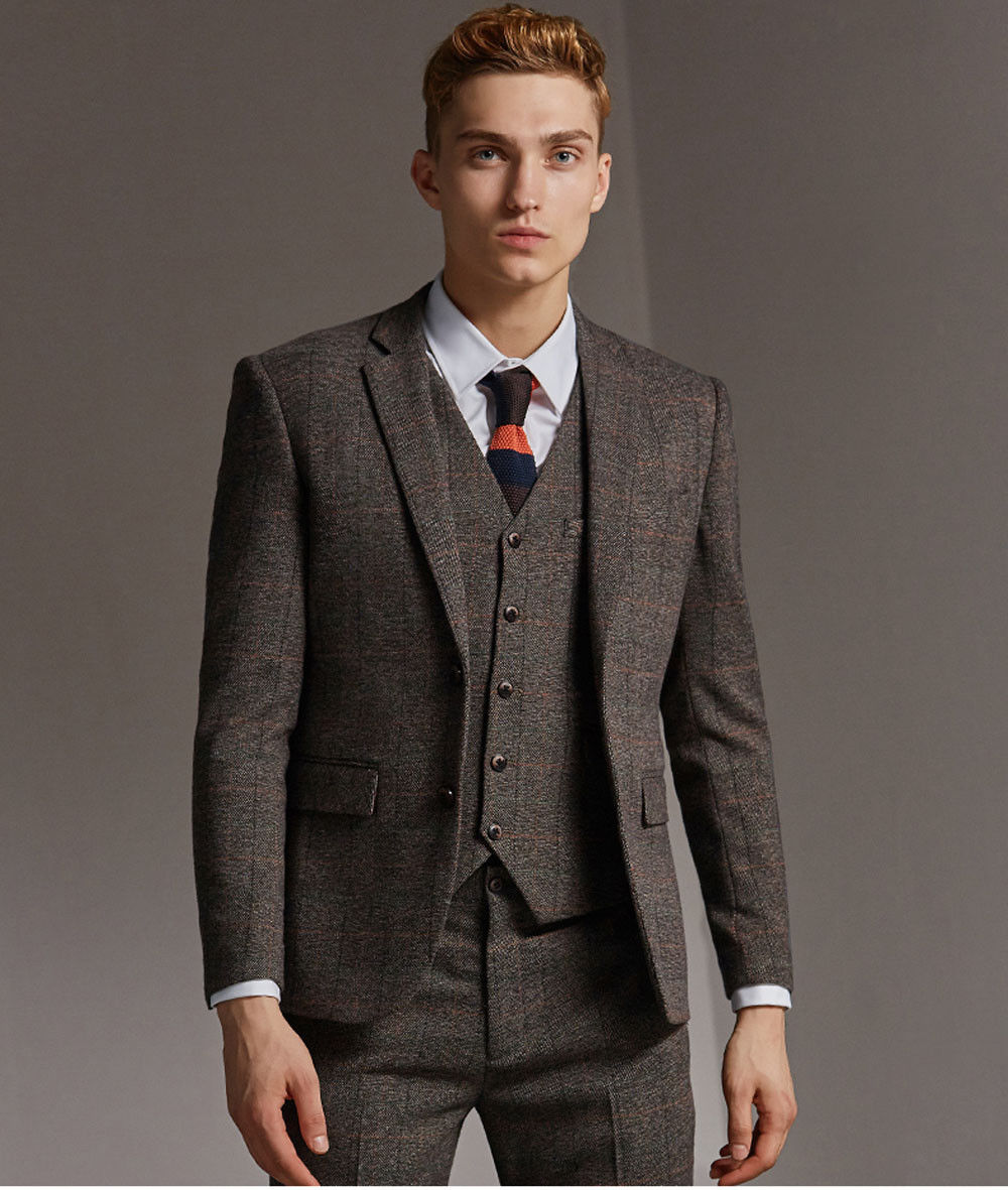 2019 Brown 3 Piece Mens Suits Tweed Wool Check Suits Regular Fit Groom Tuxedos Custom Made