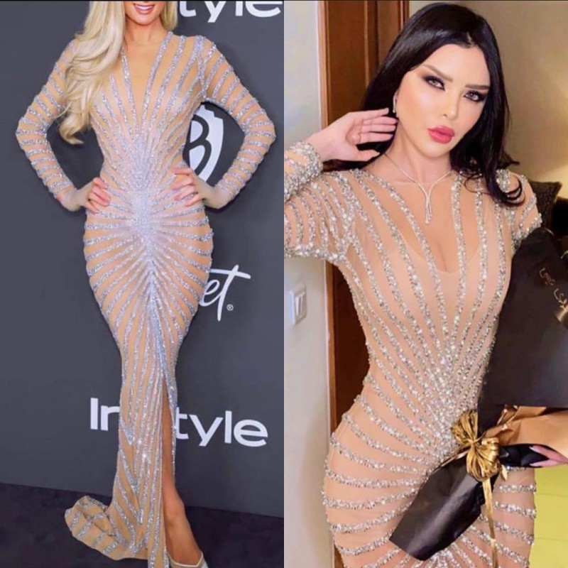 2020 Yousef Aljasmi Champagne Long Sleeves Prom Dresses Crystal Beaded African Sweep Train Split Side Evening Gowns, Ivory
2020 Yousef Aljasmi Champagne Long Sleeves Prom Dresses Crystal Beaded African Sweep Train Split Side Evening Gowns, Ivory