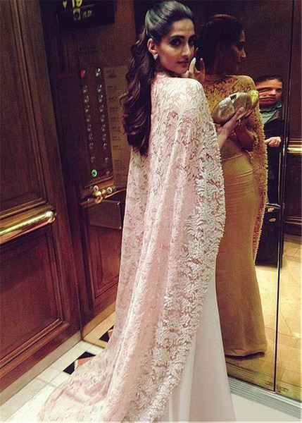 Elegant Lace Mermaid Evening Dresses Arabic High Neck Prom Gown With Cape Sweep Train Satin Formal Dress