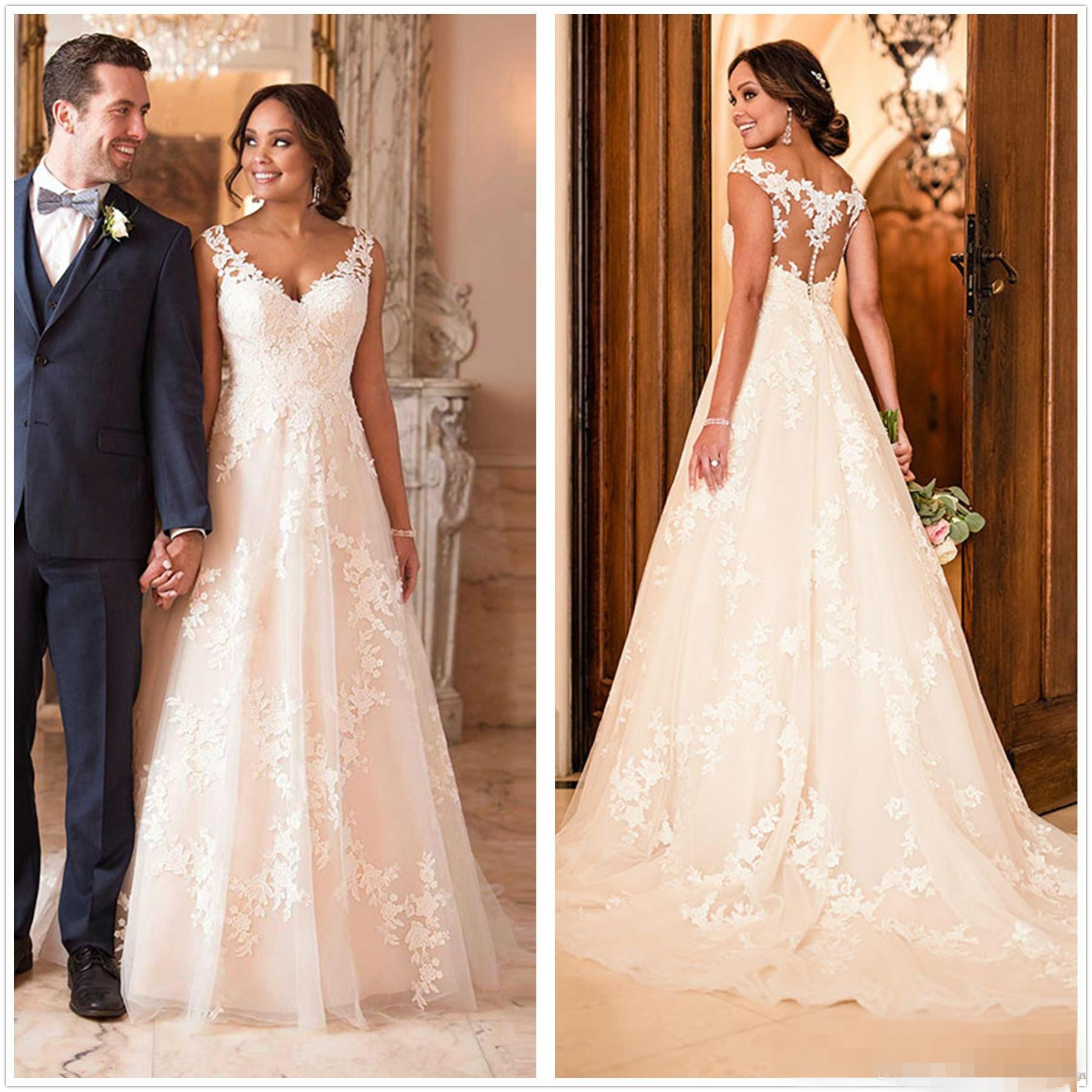 Elegant V Neck Dresses A E Straps Lace Applique Covered Buttons Sweep Train Custom Made Wedding Bridal Gown Plus Size 401 6660311