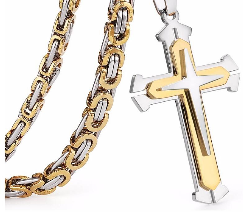 Low Price Stainless Steel Pendant Necklace 3 Layers Knight Cross Gold Silver Tone Strong Chain Mens Fashion Jewelry Fathers Gift