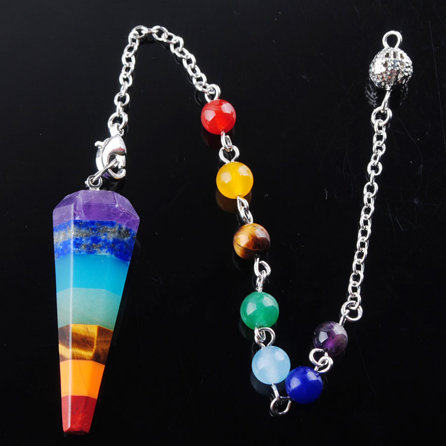 WOJIAER Rainbow 7 Chakra Layered Pendant Necklace Healing Dowsing Reiki Pendulum With Chain BN360