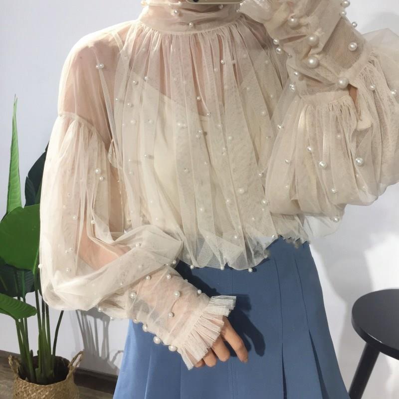2019 Fashion Autumn Women Sweet Beads Bubble Sleeve Pearls Button Gauze Blouses Ladies Elegant Mesh Shirt Blusas Tops1