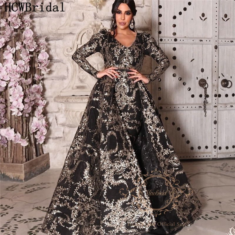 2020 Arabic Shiny Black Long Sleeves Evening Dresses Dubai Newest Sparkly Golden Lace Mermaid Prom Gowns Detachable Train, Same as picture
2020 Arabic Shiny Black Long Sleeves Evening Dresses Dubai Newest Sparkly Golden Lace Mermaid Prom Gowns Detachable Train, Same as picture