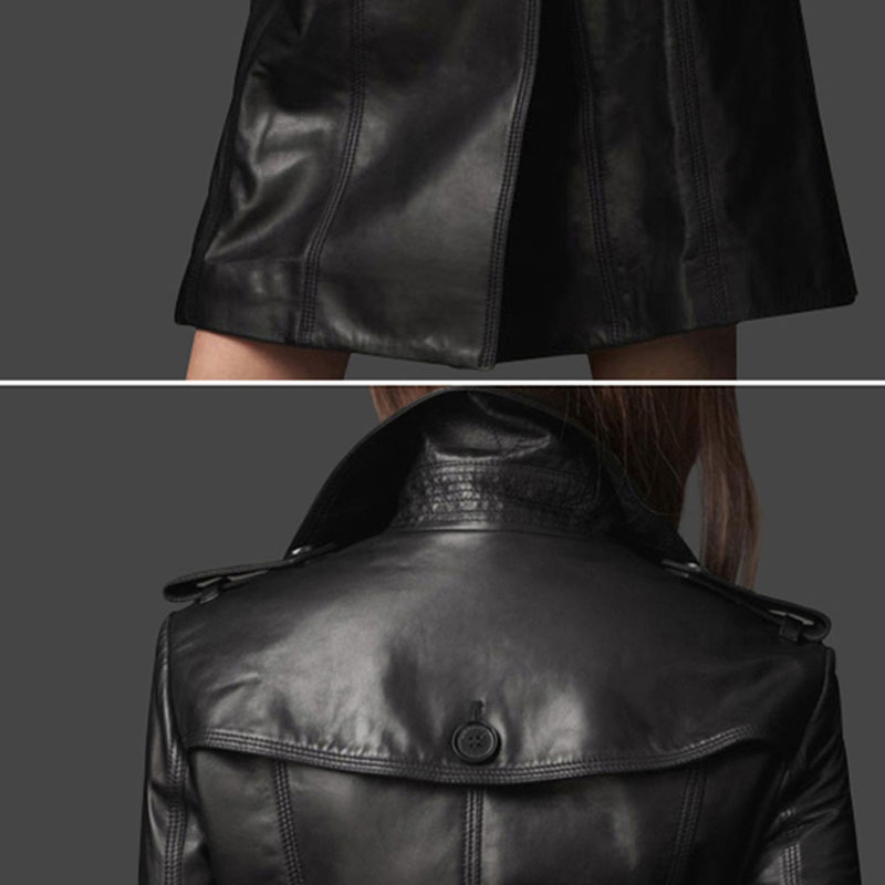 Black Faux Leather Long Jacket Women Casual Double Breasted Windbreaker Fall Fashion Coat B4