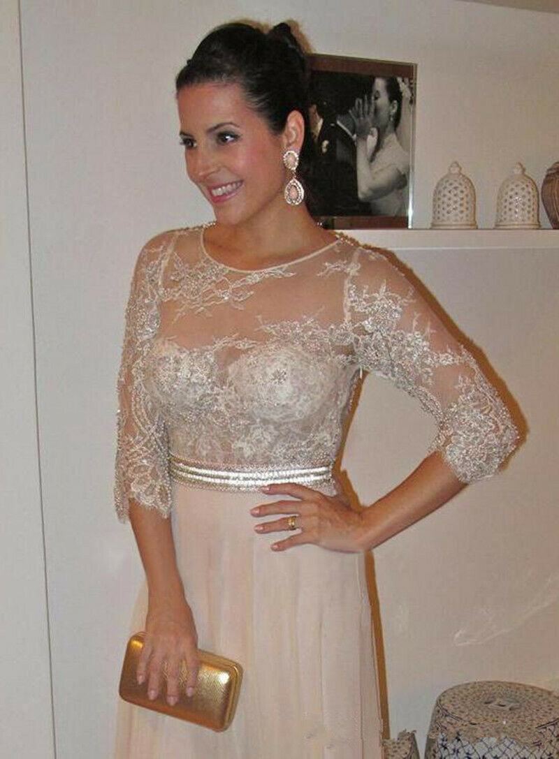 Vintage Champagne Lace mother of bride dresses with 3/4 sleeves Illusion top Beaded Floor Length Groom Mother formal Evening Gowns 2019 Long