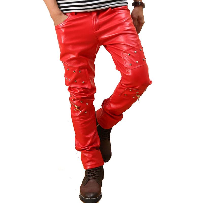 Men`s Punk Rock Red Studded Leather Motorcycle Hip Hop Hipster Night Club Biker Pants With Zippers Male