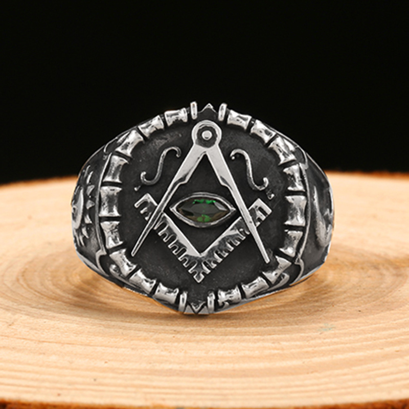 ZABRA Vintage 925 Silver Ring Mens Green Cubic Zirconia Masonic Rings For Men Punk Cool Gift Sterling Silver Symbols Jewelry D19011502