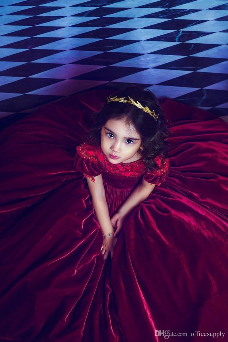 Cheap Princess Lovely Dark Red Ball Gown Flower Girls Veet Short Puffy Sleeve Wedding Party Dresses Birthday Kids Prom Dress