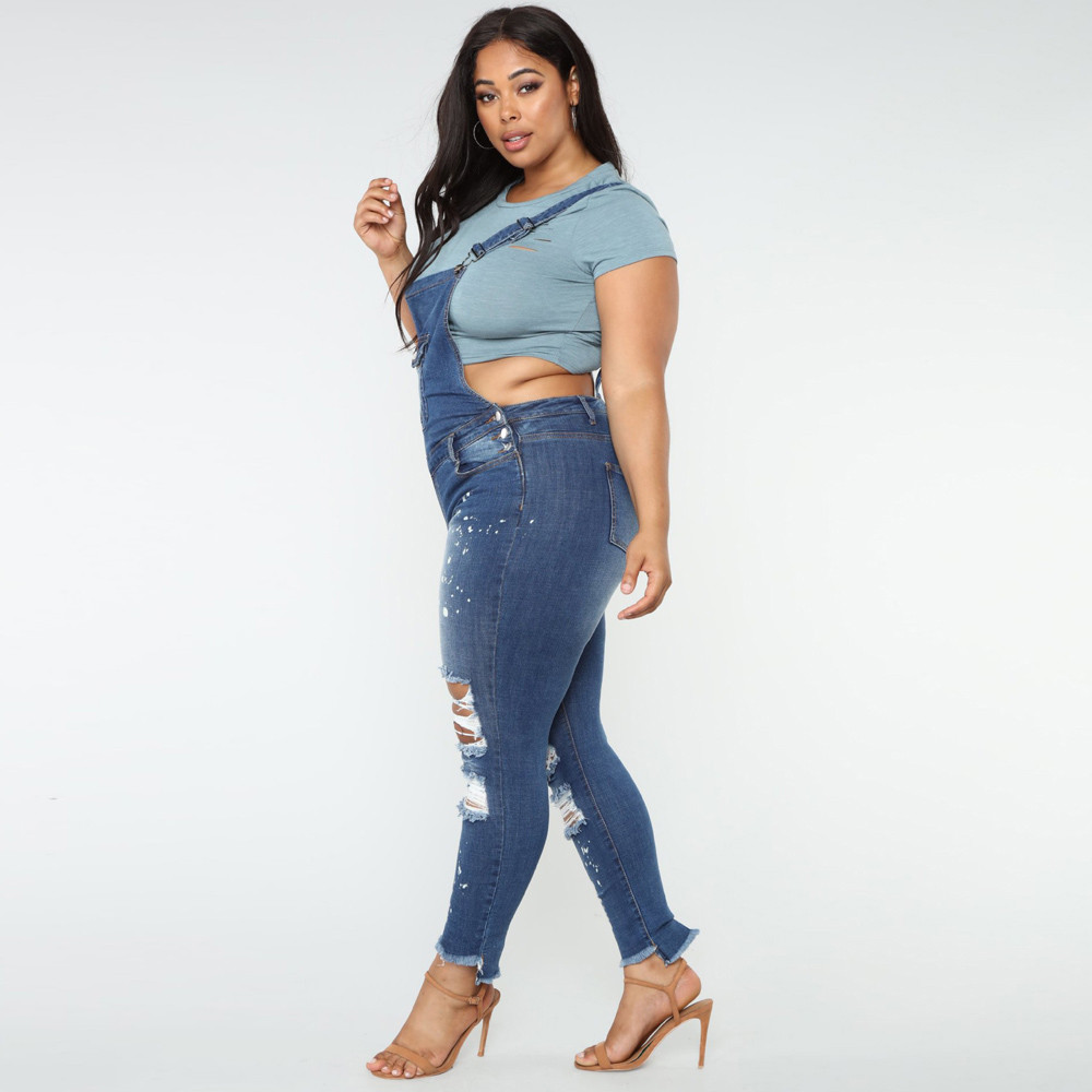 Women Casual Denim Bib Slim Pants Overalls Jeans Straps Demin Trouser Hole Zipper Jumpsuit #0225