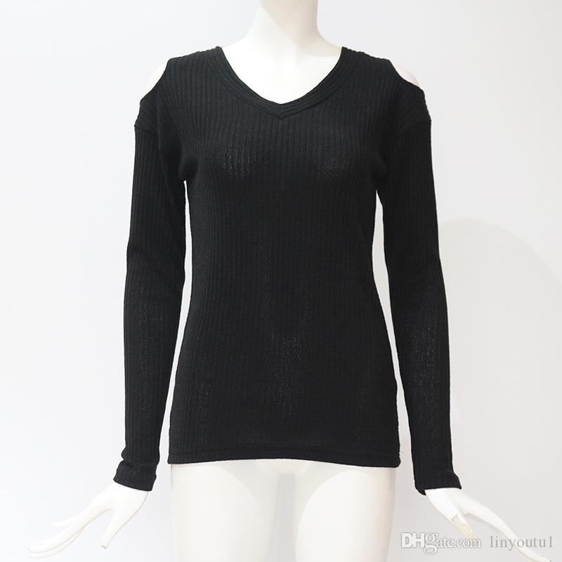 2020 Sexy Cut Out Cold Shoulder Women Tops And Blouses Casual Solid Long Sleeve V Neck Striped Knitwear Streetwear Ladies Shirts