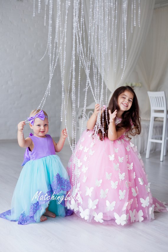 Butterfly Tutu Flower Girl Dresses Sweep Train Jewel Neck Backless Girls Princess Dress Custom Made Cute Christmas Gowns With Petticoat