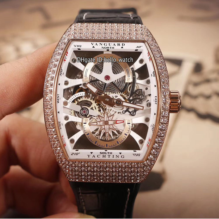 New Vanguard YachTing Rose Gold Case V45 S6 White Skeleton Dial Automatic Mens Watch Diamond Bezel Leather Watches High Quality Hello_watch