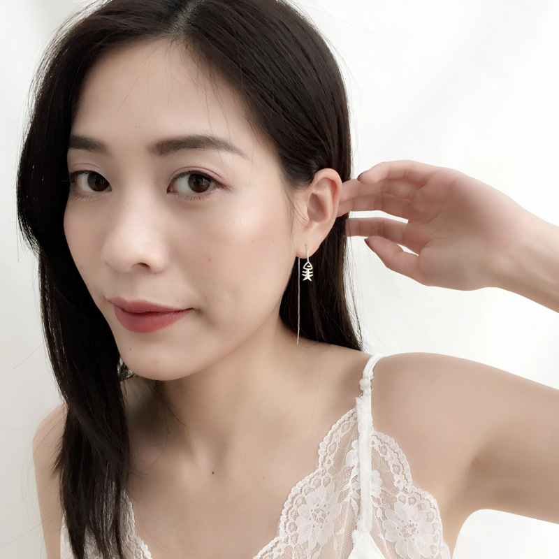 Cat and fish bone long chain earrings earrings two sterling silver Valentine's Day gift ladies