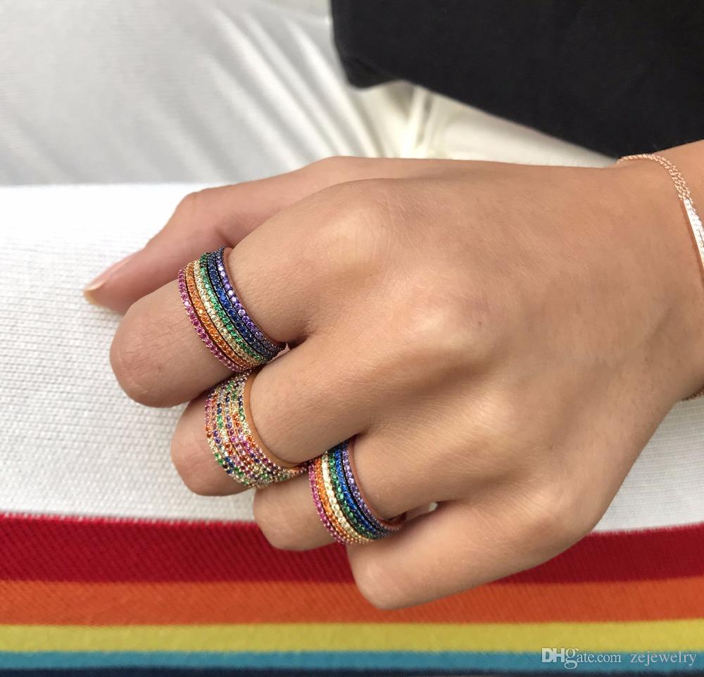 New design 925 Sterling silver gold multi color eternity band delicate rainbow cute girl women colorful beautiful full cz stack skinny rings