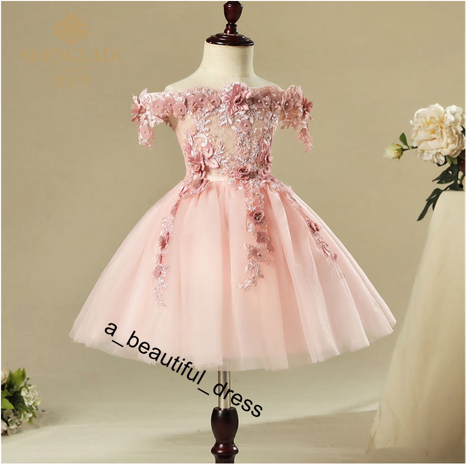 Pink Bead Decoration Long Flower Girl Dress New Girl Ball Gown pageant Wedding Party Exchange Dress Ball Beauty Sexy Shoulder Dress FG1269