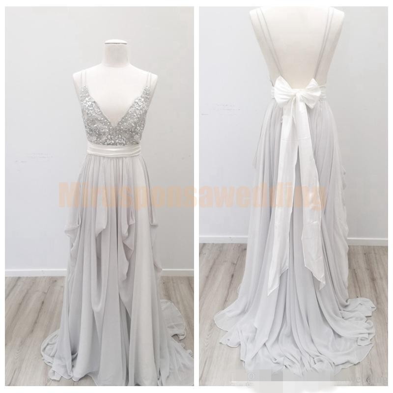 Dresses Beaded Beach Beading Ruffles Sweep Train Chiffon Backless Straps Boho Wedding Gown Vestido De Novia