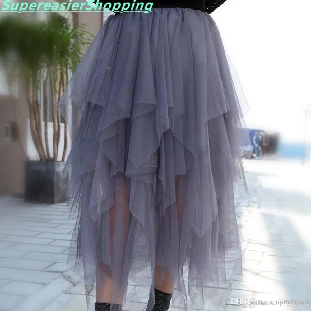 2020 3 Colors Women Tulle Tutu Skirt Ball Gown Long Pleated Skirts Women Mid-Calf Summer Party Asymmetric Midi Skirt Free Size BQ7219