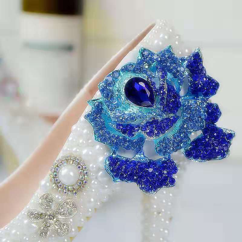 Pearls Flower Wedding Shoes Blue Diamond Rose Pumps High Heels Bridal Shoes 14cm Bling Bling Prom Shoes for Lady