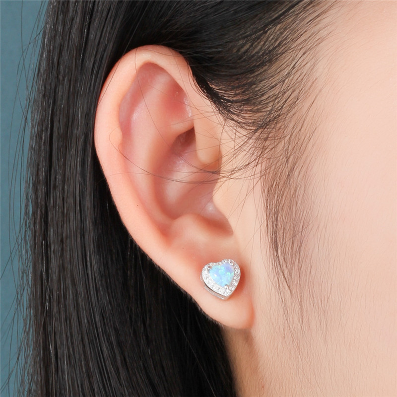 925 Sterling Silver Blue Creat Opal Heart Shape Stud Earrings Cubic Zirconia Earring Wedding Jewelry Mother Gift