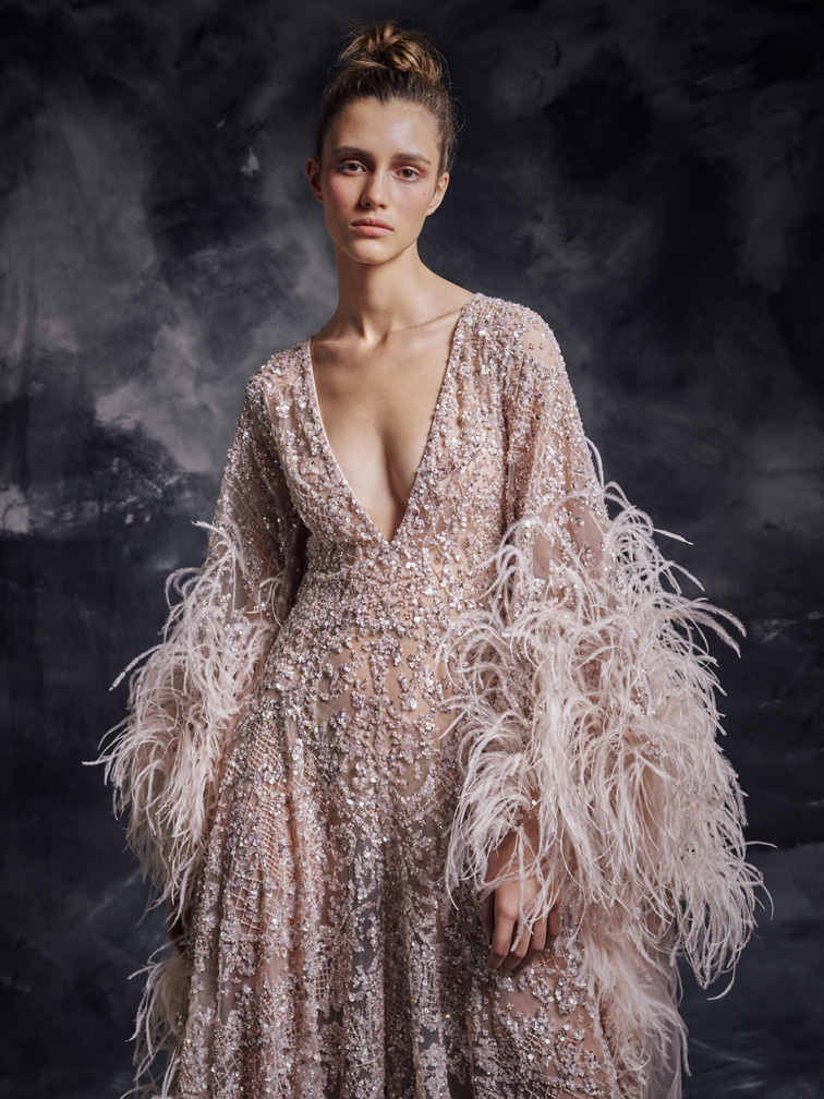 Modest Krikor Jabotian Elegant V Neck Long Sleeve A Line Evening Dresses Sequins Lace Feather Formal Dresses Sweep Train Party Gown