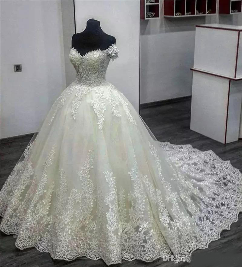 Off Shoulder Lace Appliques Chapel Train Wedding Dresses 2020 Bridal Gowns Lace Up Back Vestidos De Mariee Middle East Real Photos