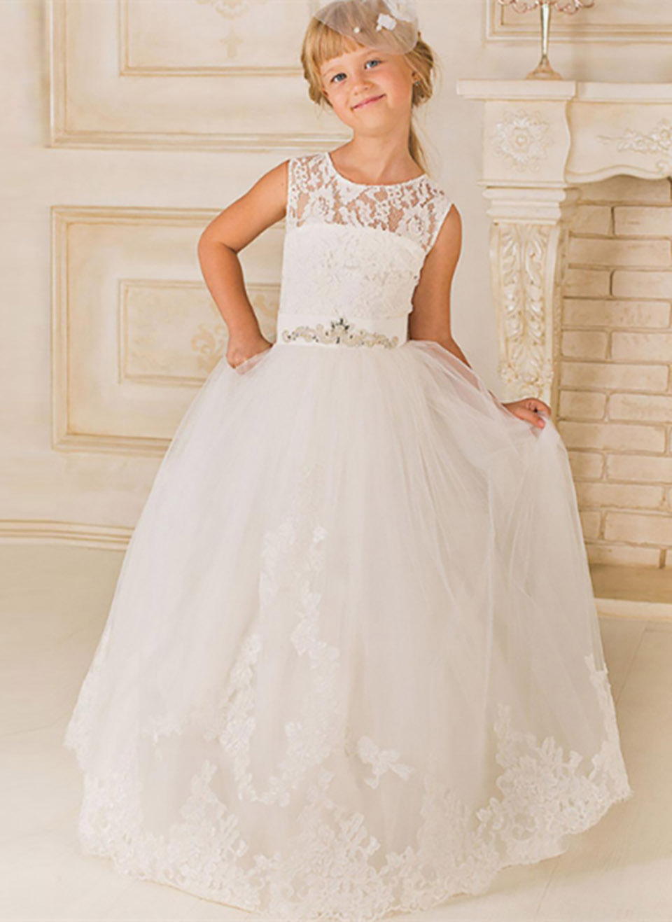 Floor Length Flower Girls Dresses Lace Appliqué Sleeveless Beading Sash Tulle First Holy Communion Birthday Party Dresses