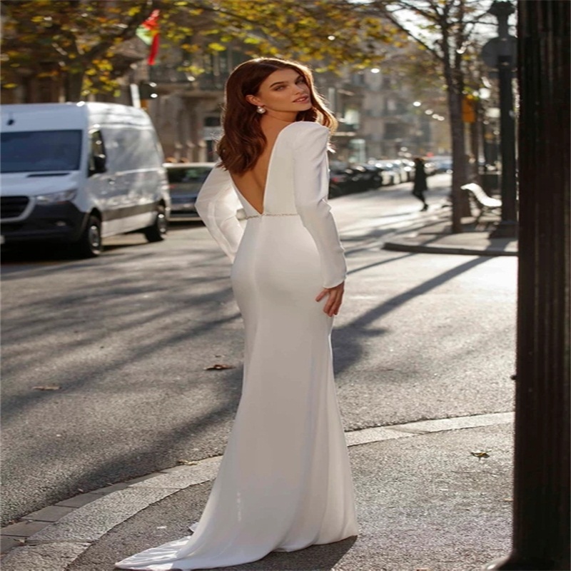 simple satin dresses vintage high vneck long sleeve sweep train wedding sexy backless highsplit sequins elegant bridal gown