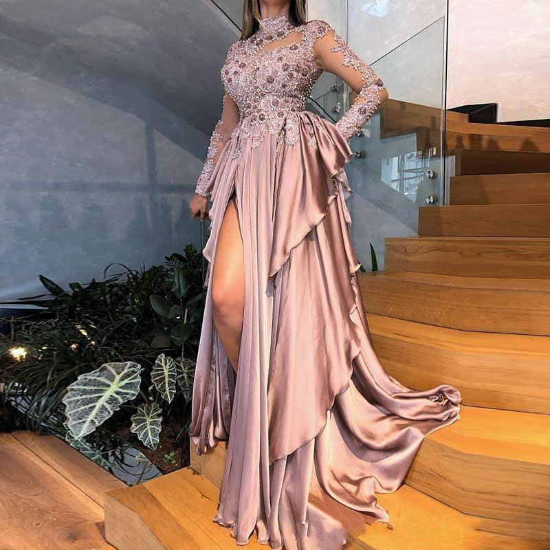 Arabic Aso Ebi Long Sleeves Prom Dresses Beads Appliques High Neck Dusty Pink Chiffon Formal Evening Gowns Party Dresses