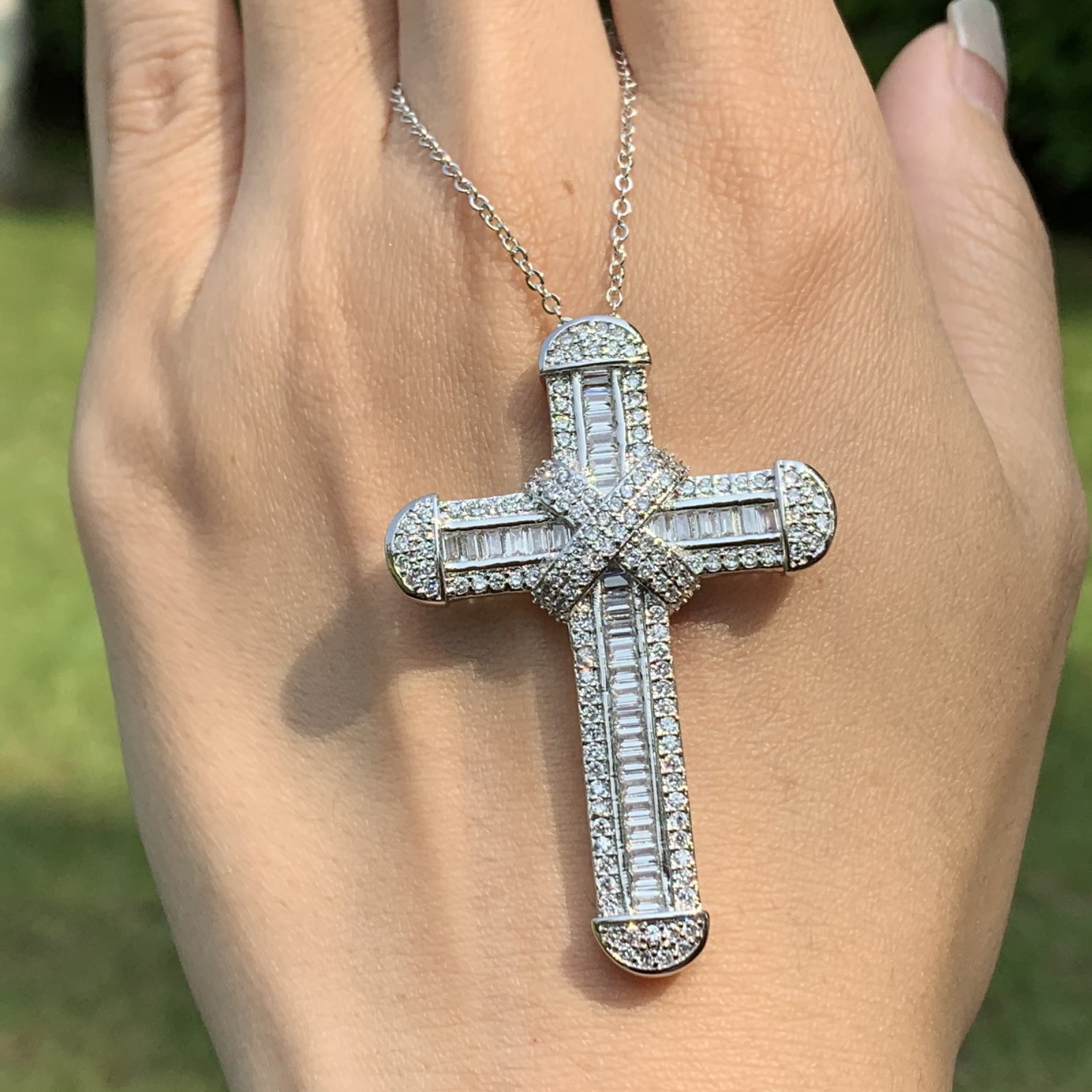 Classical Fashion Jewelry 925 Sterling Silver Pave White Sapphire CZ Diamond Gemstones Eternity Party Women Cross Pendant Wedding Necklace