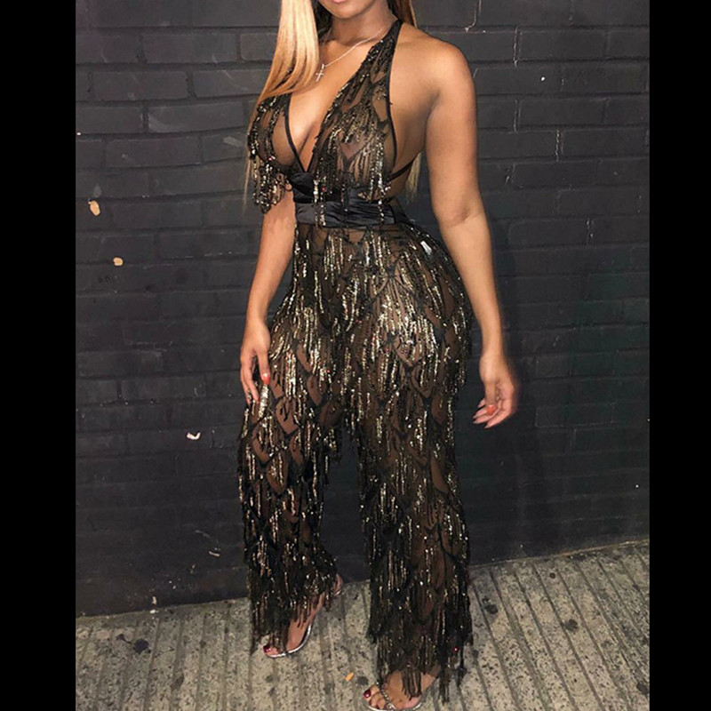 Nightclub Black Mesh Perspective Shining Sequin Jumpsuit Women Sexy V-neck Backless Bandage Jumpsuit Bar Party Singer Stage Wear
Nightclub Black Mesh Perspective Shining Sequin Jumpsuit Women Sexy V-neck Backless Bandage Jumpsuit Bar Party Singer Stage Wear
