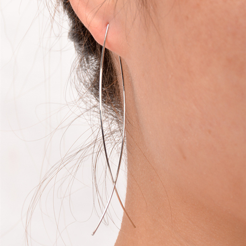 Fish earrings modern metal curved rod threading earrings - Simple lightweight curved vertical pull-open fish hoop hanging copper fish-shaped