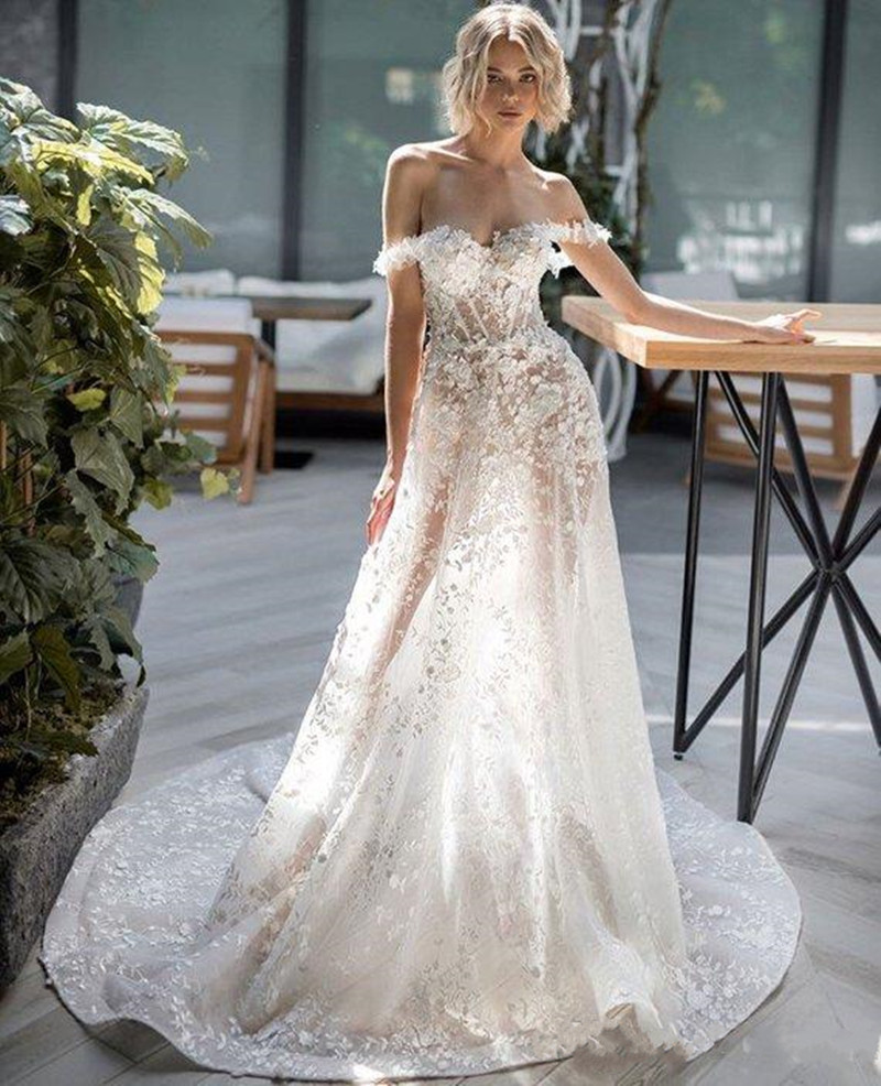 Sexy Off Shoulder Lace Wedding Dresses 3D Appliqued Backless Boho Wedding Bridal Gowns A Line Bohemian Beach Wedding Dress abiti da sposa