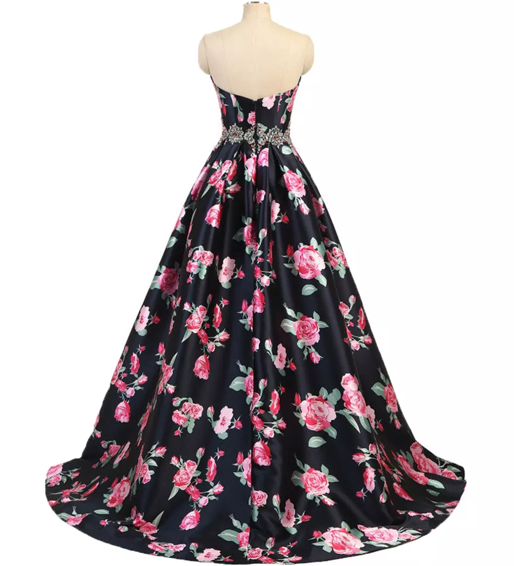 New Sexy Real 2019 Strapless Prom Dresses Flower Print Satin Ball Gown Formal Dress Evening Party Wear Beaded robes de soirée QC1309