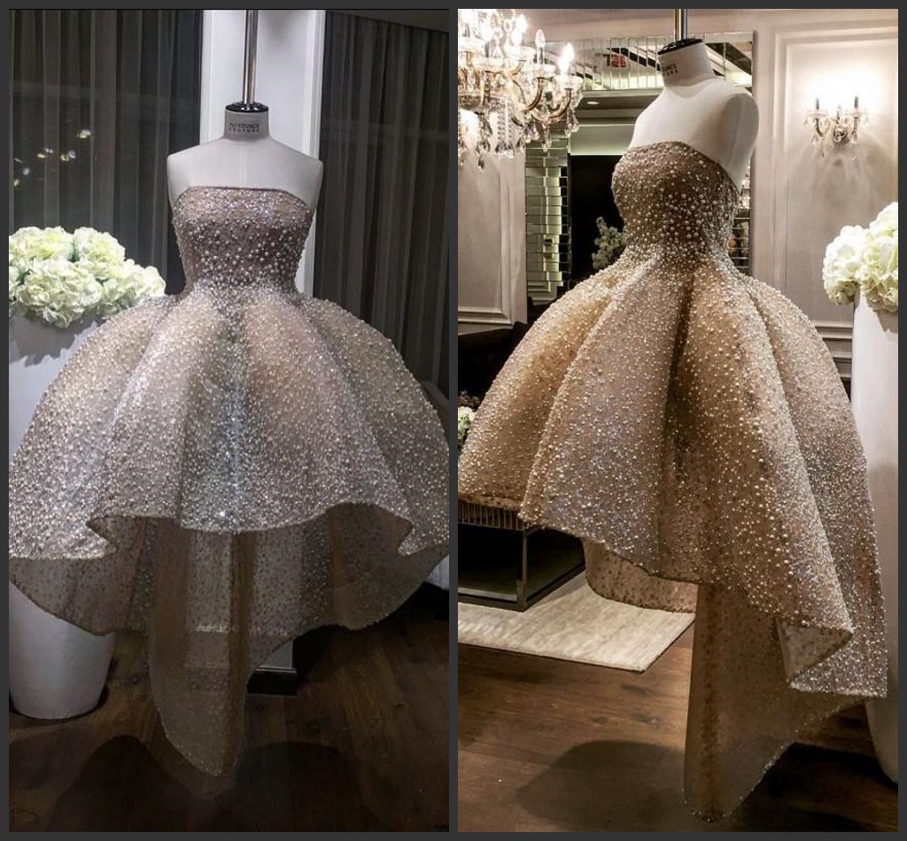 2019 New Elegant Short Wedding Dresses High Quality Pearls Strapless Backless Bridal Gowns Hi-Lo Party Dress Sexy