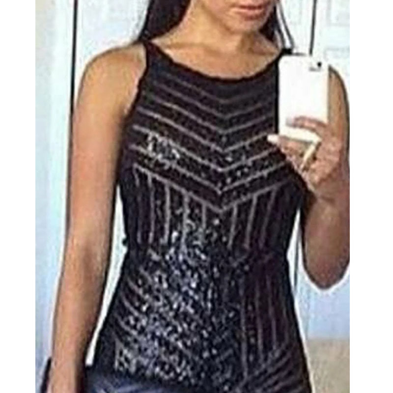 Sleeveless Wide Leg Jumpsuit for Women Elegant Glitter Round Neck Sleeveless Sequins Jumpsuit Sexy Night Club Party Overalls