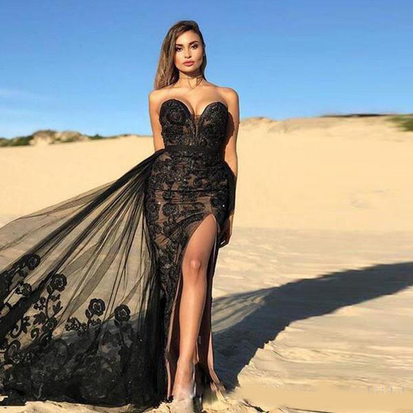 2020 Elegat Evening Dresses Mermaid Sweetheart Lace Applique Side Split Prom Dresses Sweep Train Backless Party Gowns