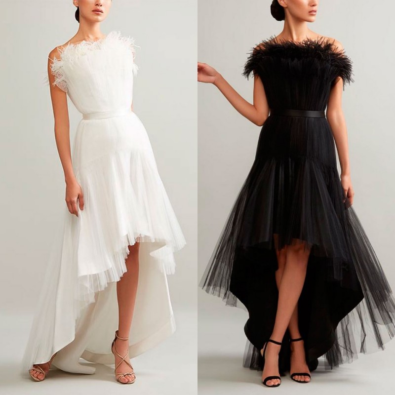Ashi Studio 2019 Evening Dresses A Line Strapless Hi-Lo Sleeveless Lace Feather Ruffle Formal Prom Dress Arabic Special Occasion Gowns