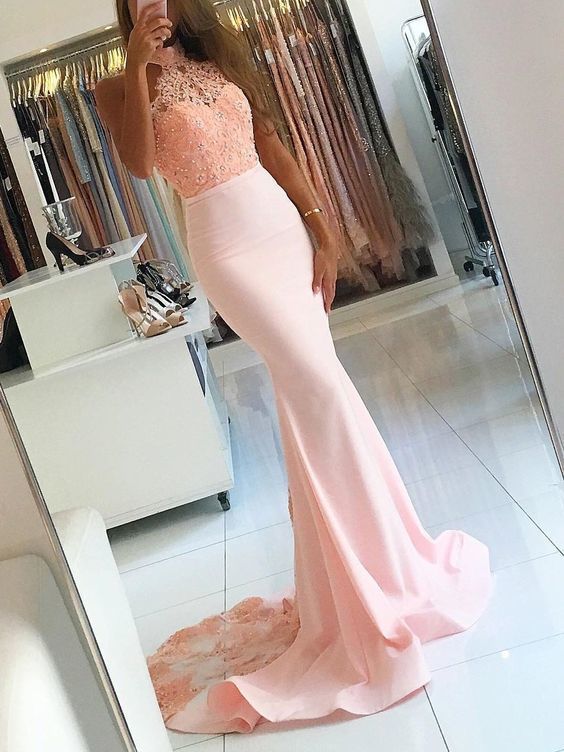 halter lace beaded pink evening dresses mermaid sexy prom dresses vintage cheap formal party bridesmaid gowns zj96