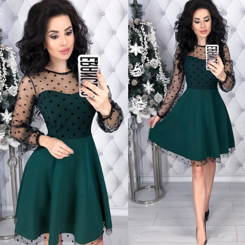 Women Vintage Lace Patchwork A-line Party Dress Long Sleeve O neck Solid Mini Dress 2019 Spring New Fashion Chic Women Dress