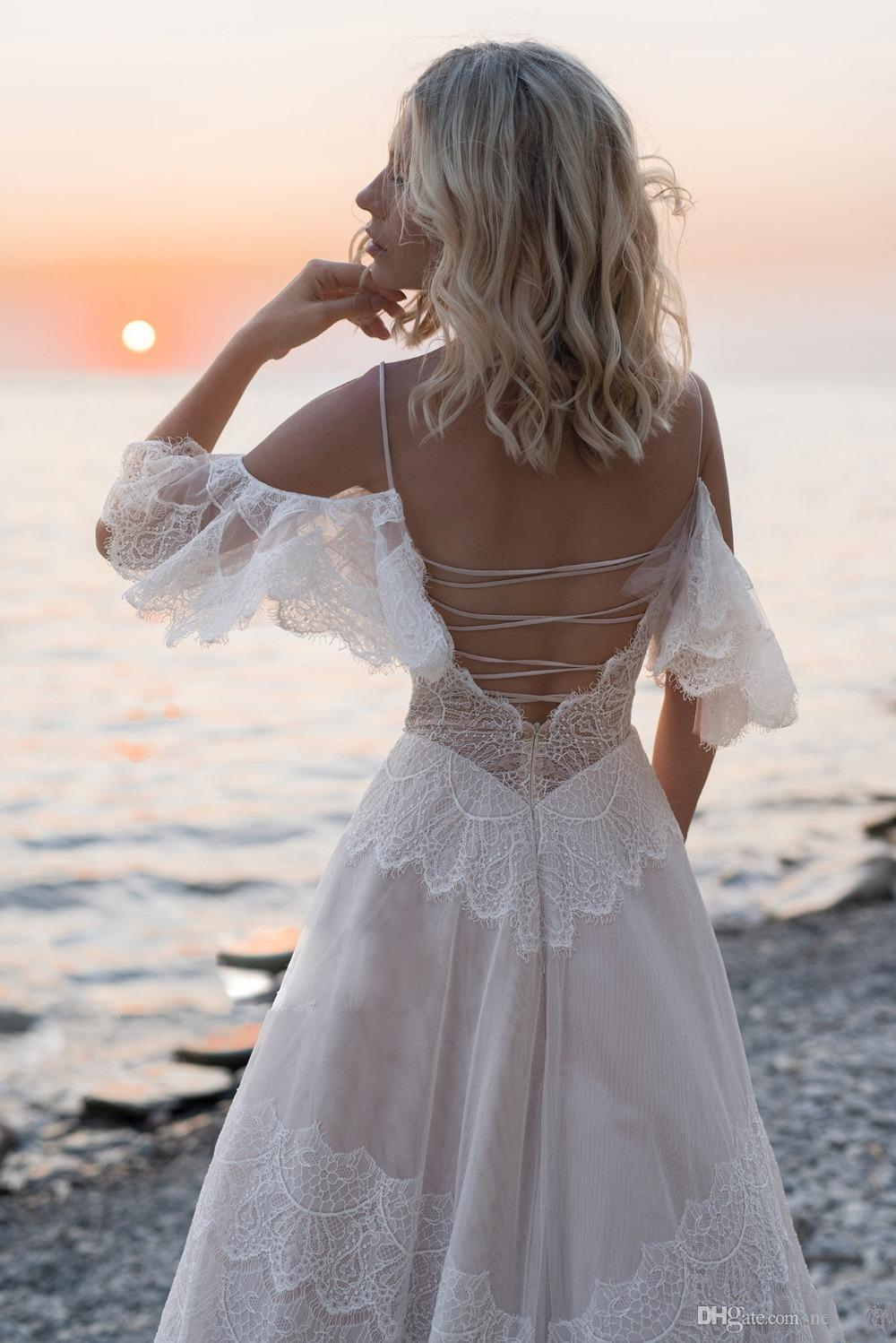 bohemian beach dresses lace appliqued spaghetti strap bridal gowns vintage or length plus size wedding dress