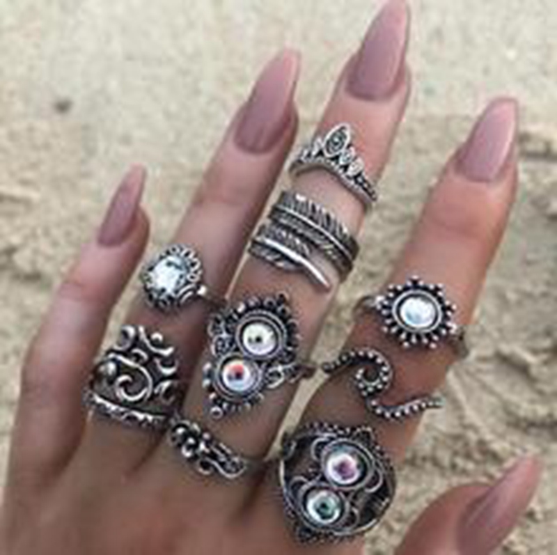 Silver vintage carved openwork palm heart shaped opal crown leaf joint ring 16 piece set ladies