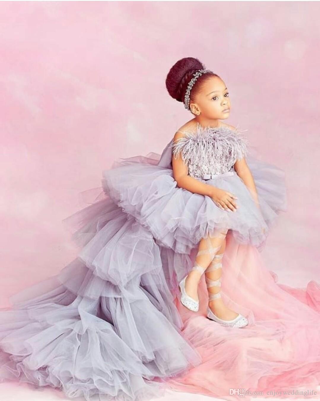 New Lace Applique High Low Flower Girl Dresses For Wedding Tiered Skirts Little Girls Pageant Dress Feather First Holy Communion Gowns