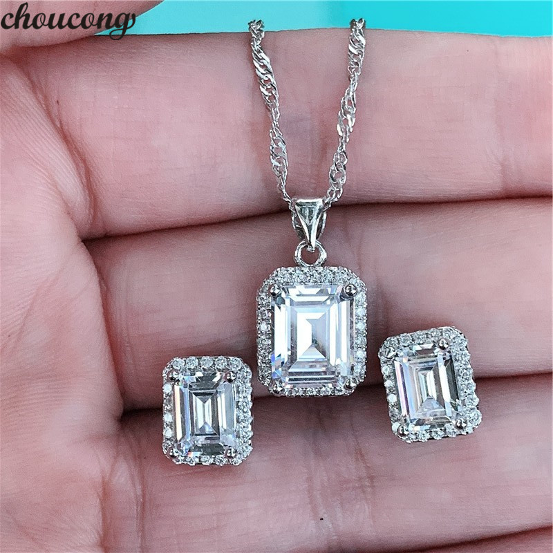Classical Jewelry Set 925 Sterling Silver Princess Cut Topaz Statement CZ Diamond Gemstones Party Women Wedding Bridal Earring Necklace Gift
