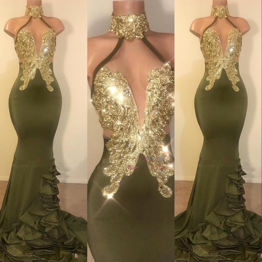 Vestidos New Sexy Olive Green Mermaid Prom Dresses High Neck Gold Crystal Beaded Ruffles Sweep Train Custom Formal Party Dress Evening Gowns, Lavender
Vestidos New Sexy Olive Green Mermaid Prom Dresses High Neck Gold Crystal Beaded Ruffles Sweep Train Custom Formal Party Dress Evening Gowns, Lavender