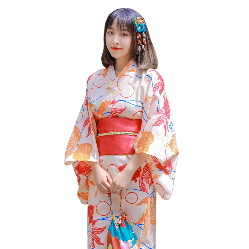 Cherry beauty Japanese kimono women formal red goldfish handle modified Clothing Standard version traditional kimono Japan Girl