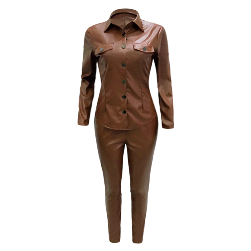 Fashion Women Bodycon PU Leather Tops and Pants Long Sleeves Turn-down Collar Button Two Piece Set 2 Piece Outfits StreetwearMX190929
