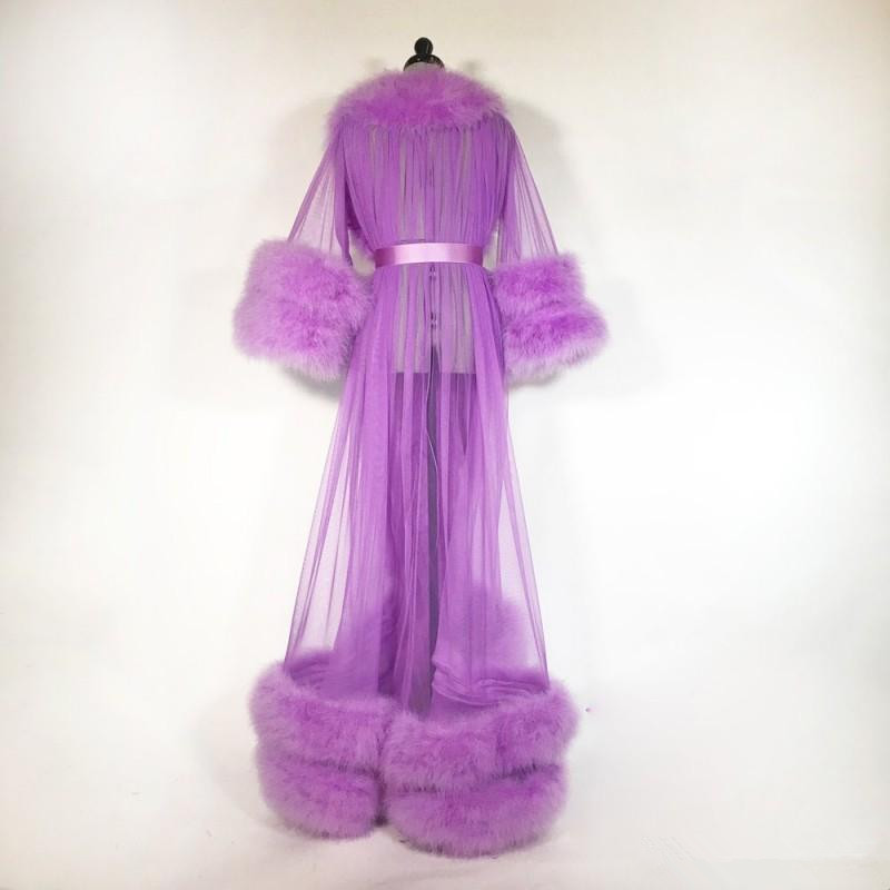 Purple Feather Robe Long Sleeves 2020 Fur Party Sleepwear Custom Made Nightgown Robes Puffy Skirt Photography Boudoir Pajamas