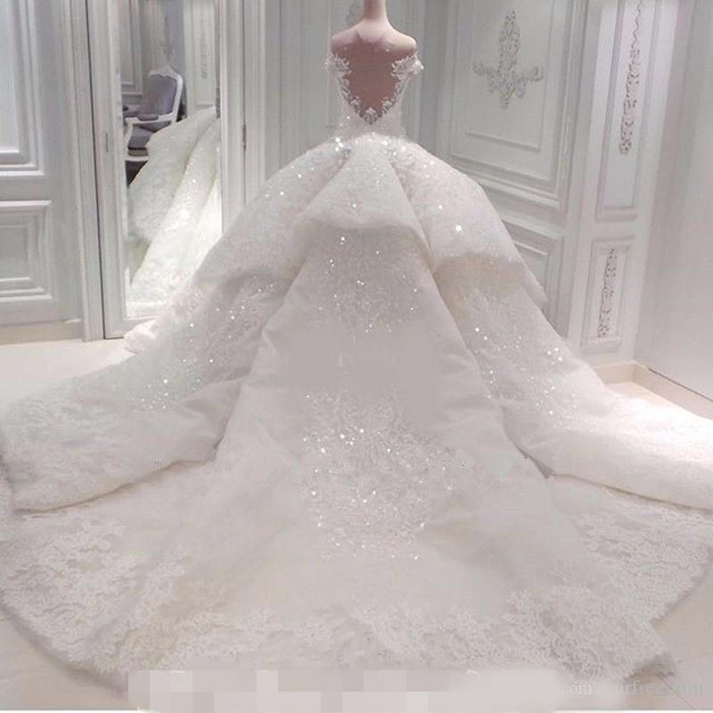 Vestido De Noiva Ball Gown Wedding Dresses 2020 Off The Shoulder Cathedral Train Lace Appliques Bridal Gown For Church Custom Made